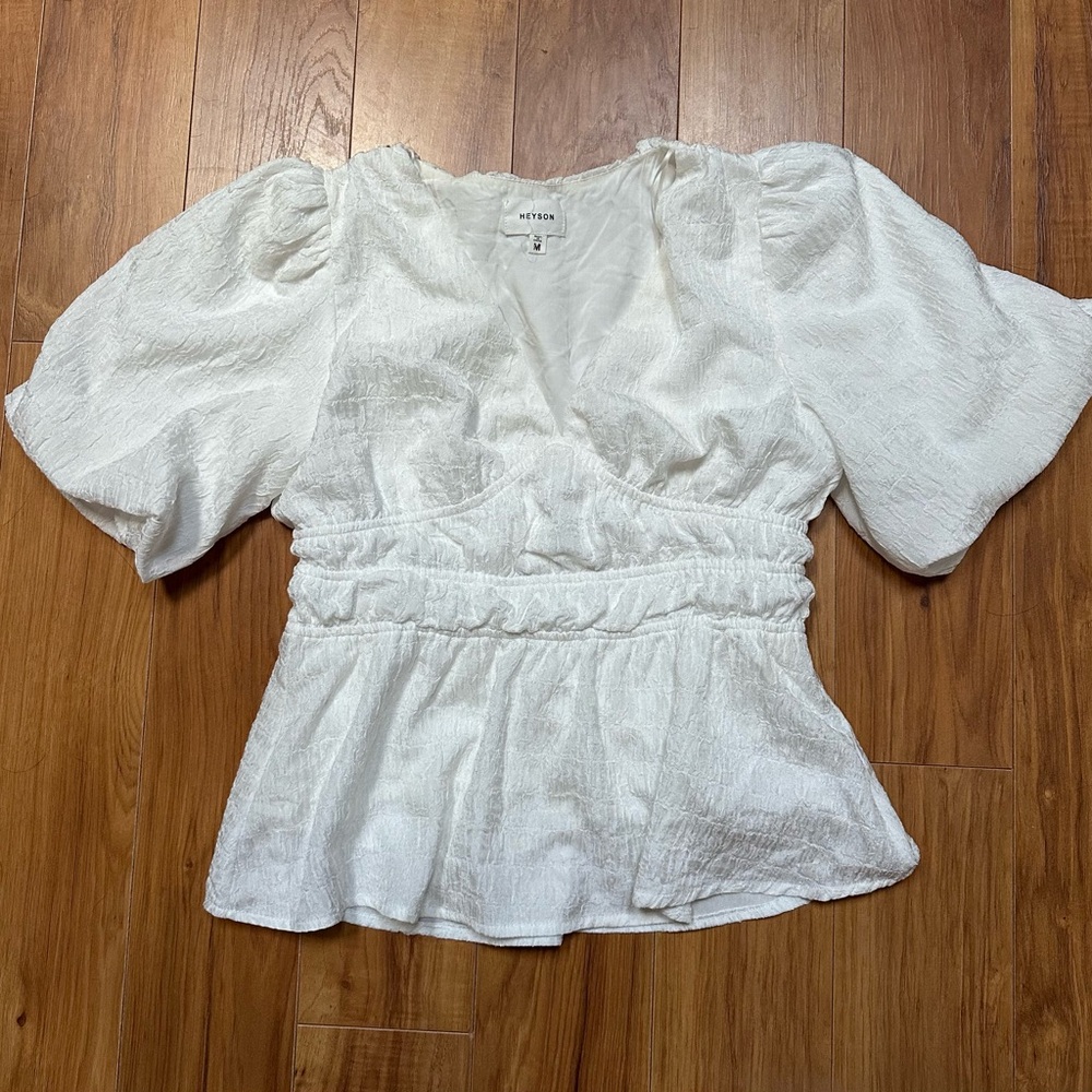 White V-Neck Puff Sleeve Blouse